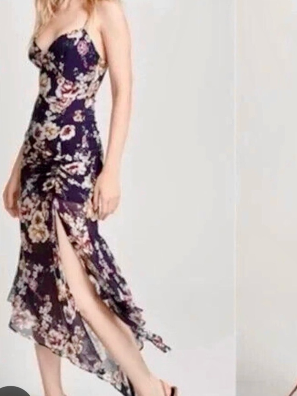NICHOLAS Silk Chiffon Navy Floral Ruched Midi Dress Gown NEW - XS